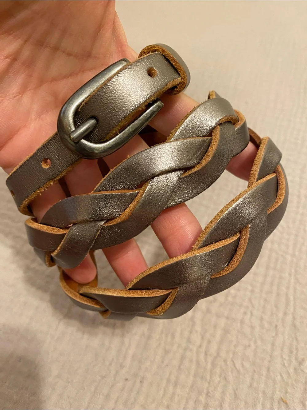GAP Braided Leather Belt - Silver  with Tan Edges. Size M